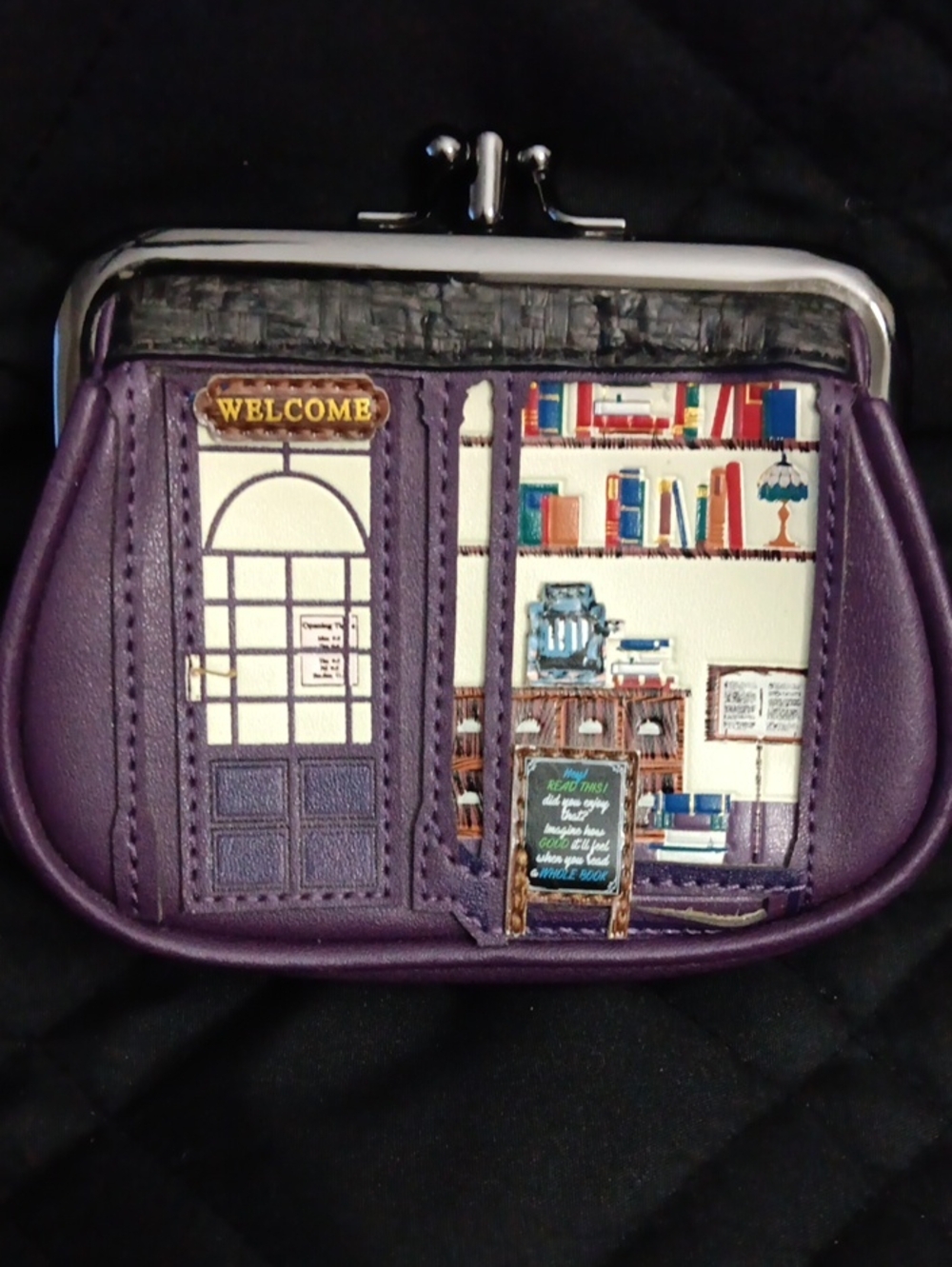 Purple Women's Coin Purse with Bookshop Scene
